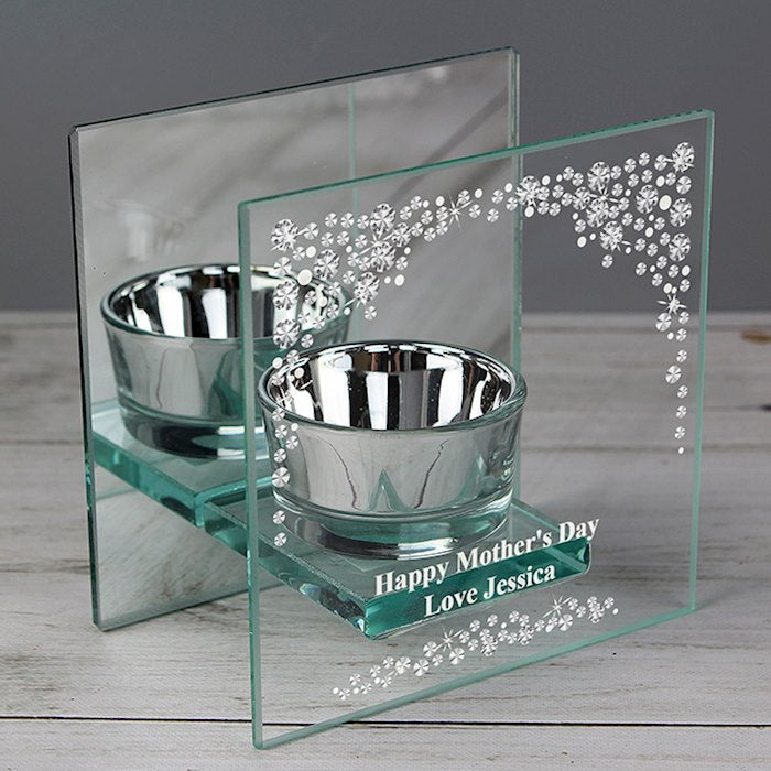 Personalised Diamante Mirrored Glass Tea Light Holder