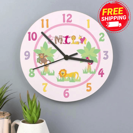 Personalised Animal Alphabet Girls Wooden Clock - Nursery