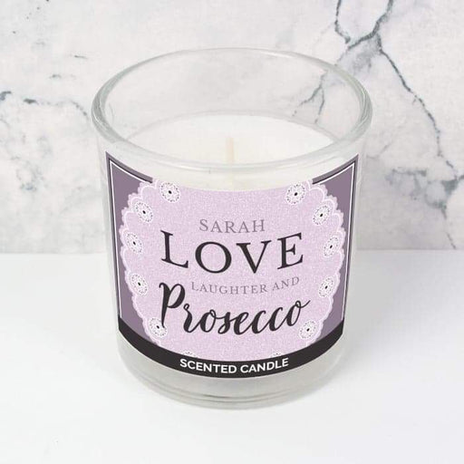 Personalised Lilac Lace Love Laughter & Prosecco Scented Jar Candle - Myhappymoments.co.uk