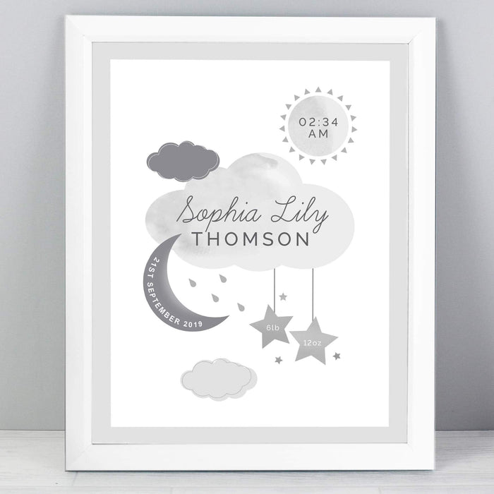 Personalised New Baby Moon & Stars White Framed Nursery Print - Myhappymoments.co.uk