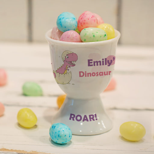 Personalised Pink Dinosaur Egg Cup - Myhappymoments.co.uk