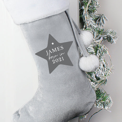 Personalised Born In Luxury Christmas Silver Grey Stocking