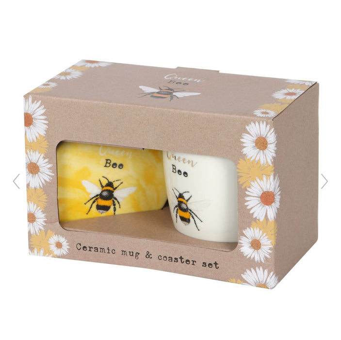 Queen Bee Ceramic Mug and Coaster Set - Bee Lover Gift
