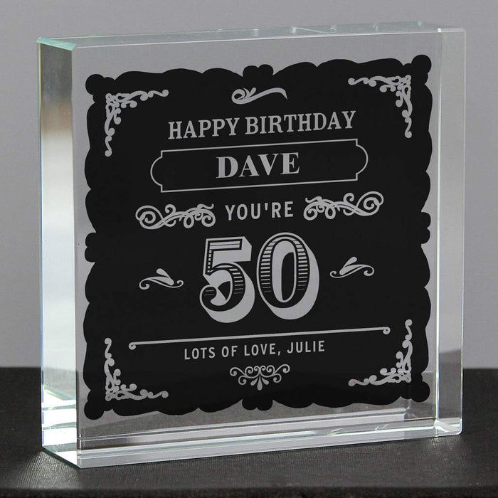 Personalised Birthday Age Vintage Typography Large Crystal Token - Presented In A Black Gift Box - Myhappymoments.co.uk
