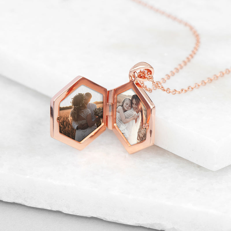 Personalised Hexagonal Photo Locket Necklace - Rose Gold Plated