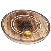 Mango Wood Round Flower of Life Ashcatcher Incense Sticks & Cones Burner
