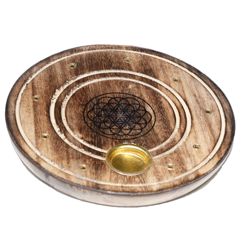 Mango Wood Round Flower of Life Ashcatcher Incense Sticks & Cones Burner