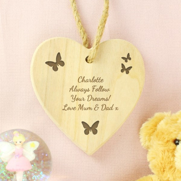 Personalised Butterfly Chunky Wooden Heart Decoration - Myhappymoments.co.uk