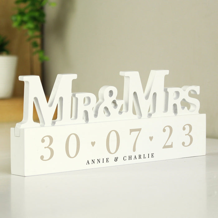Personalised Date Wooden Mr & Mrs Wedding Ornament