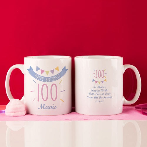 Personalised 100th Birthday Bunting Mug For Her - Myhappymoments.co.uk