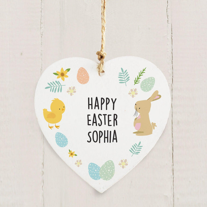 Personalised Easter Bunny & Chick Wooden Heart Decoration