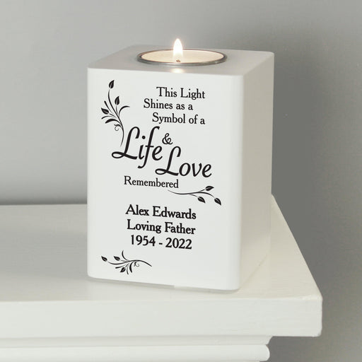 Personalised Life & Love White Remembered Wooden Tea Light Holder