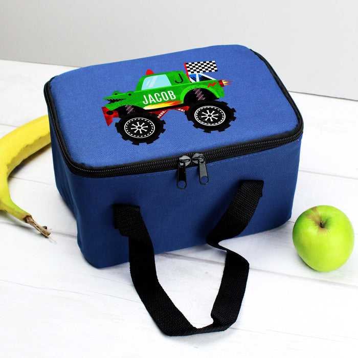 Personalised Monster Vehicle Blue Lunch Bag