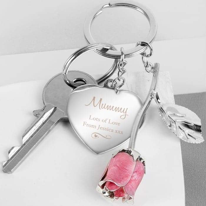 Personalised Silver Plated Swirls & Hearts Pink Rose Keyring - Myhappymoments.co.uk