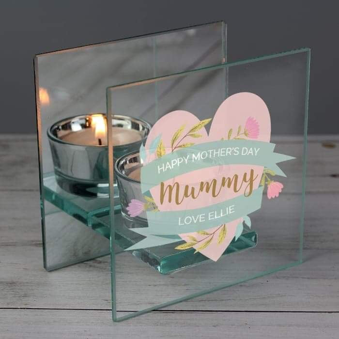 Personalised Floral Heart Mirrored Glass Tea Light Holder - Myhappymoments.co.uk