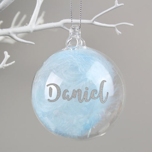 Personalised Silver Glitter Blue Feather Name Glass Bauble