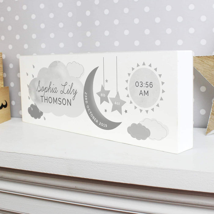 Personalised New Baby Moon & Stars Wooden Block Nursery Sign - Myhappymoments.co.uk