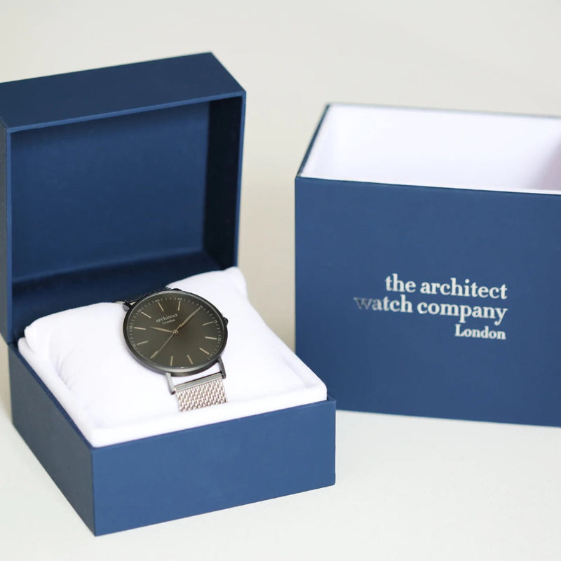 Personalised Men's Architect Minimalist Watch With Steel Silver Mesh Strap
