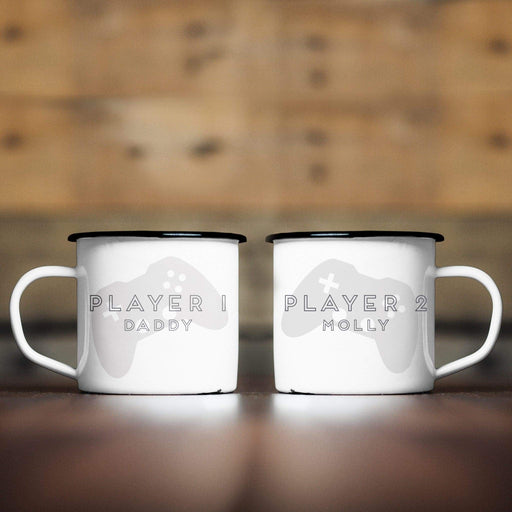 Personalised Player 1 & 2 Game Enamel Mug Set