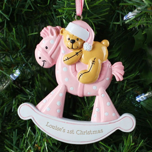 Personalised Pink Rocking Horse Resin Christmas Tree Decoration - Myhappymoments.co.uk