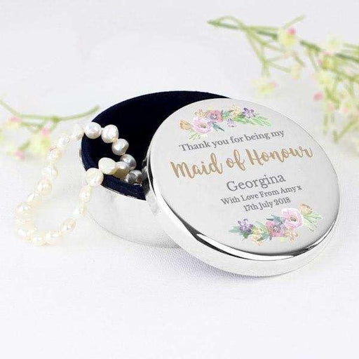 Personalised Floral Watercolour Maid of Honour Wedding Round Trinket Box - Myhappymoments.co.uk