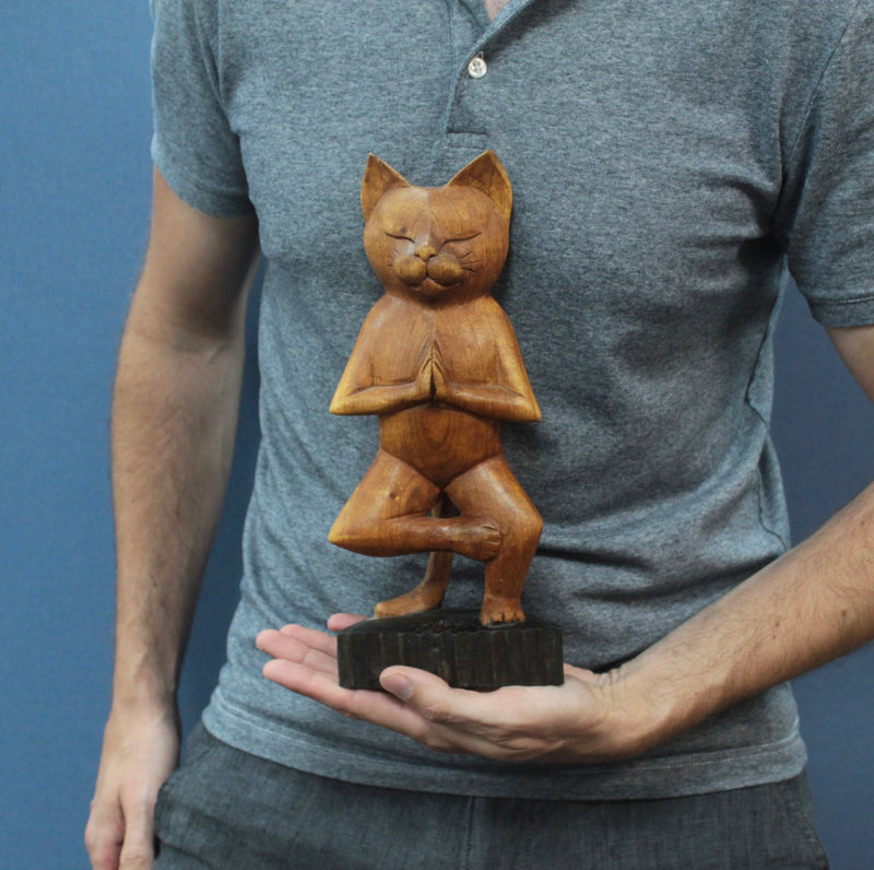 Hand Carved Yoga Cat - One Leg