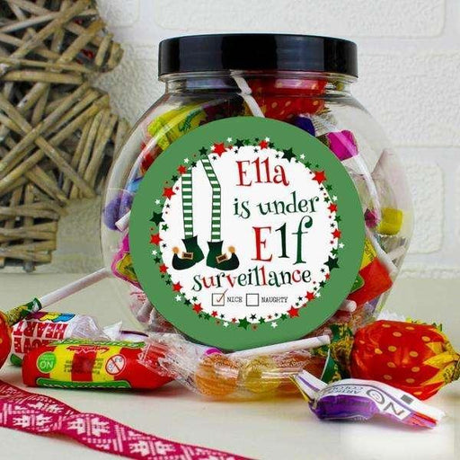 Personalised Under Elf Surveillance Christmas Sweet Jar - Myhappymoments.co.uk