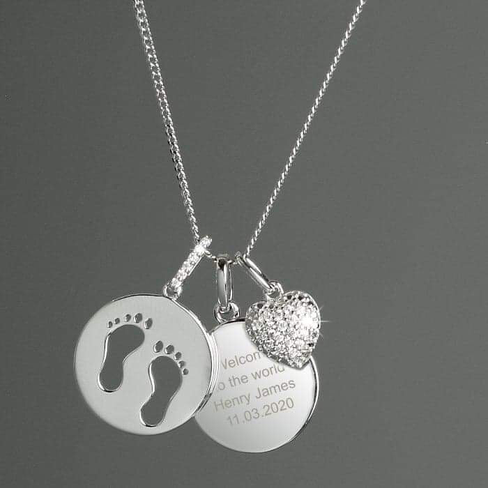 Personalised Sterling Silver Footprints and Cubic Zirconia Heart Necklace - Myhappymoments.co.uk