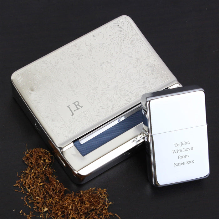 Personalised Tobacco Rolling Tin and Silver Lighter Gift Set