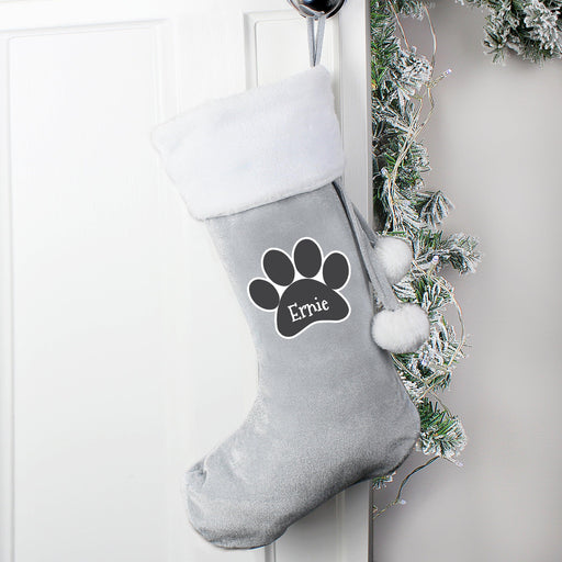 Personalised Paw Print Silver Grey Pet Christmas Stocking