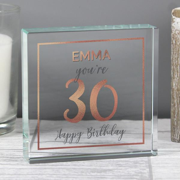 Personalised 30th Birthday Rose Gold Glass Block