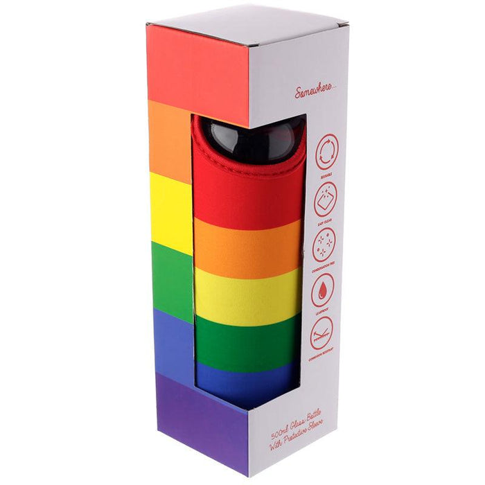 Somewhere Rainbow Reusable Glass Water Bottle with Protective Neoprene Sleeve with Strap