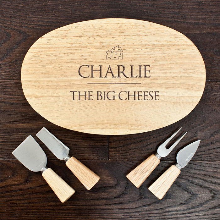 Personalised The Big Cheese Oval Wooden Cheese Board Set