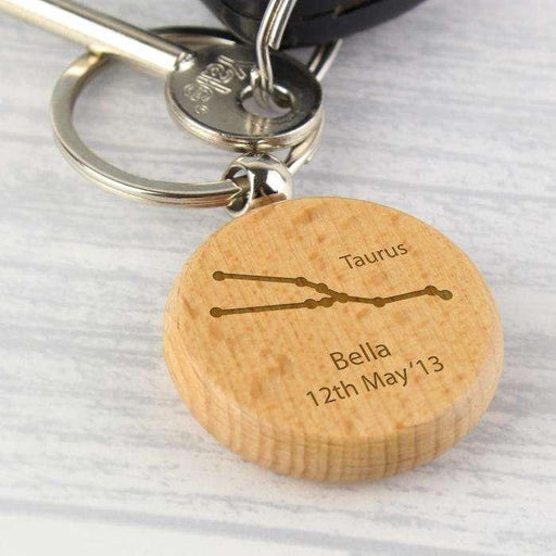 Personalised Taurus Zodiac Star Sign Wooden Keyring (April 20th - May 20th) - Myhappymoments.co.uk