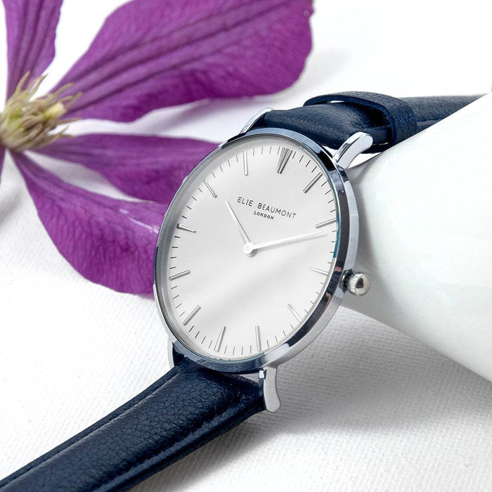 Elie Beaumont Ladies Personalised Leather Watch In Navy & Silver