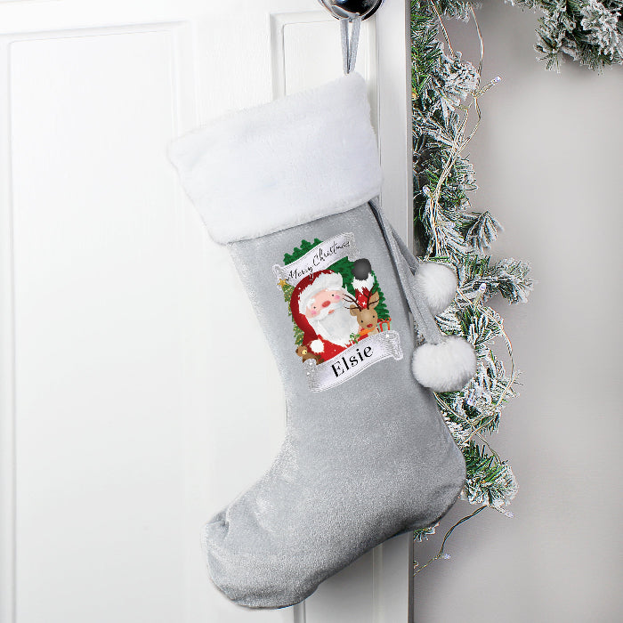 Personalised Silver Grey Velvet Christmas Stocking - Santa & Rudolph