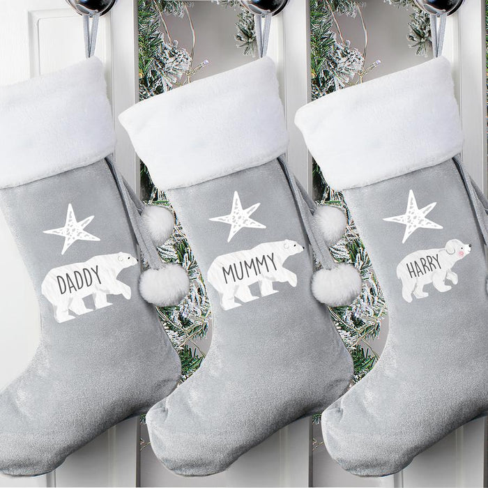 Personalised Polar Bear Luxury Silver Grey Christmas Stocking