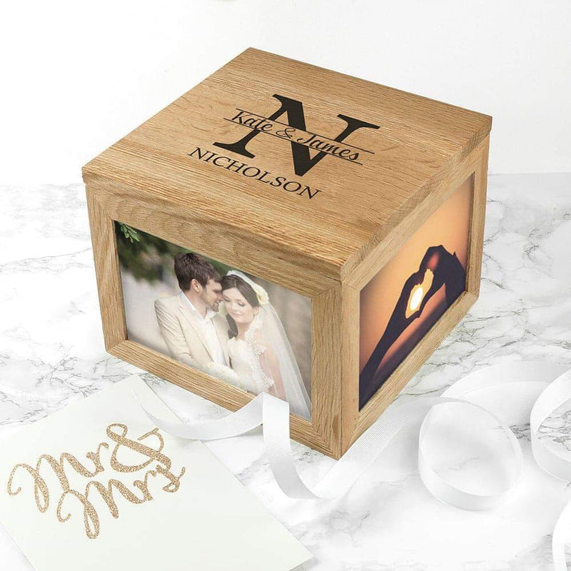 Personalised Oak Photo Keepsake Box with Couple Monogram - Myhappymoments.co.uk