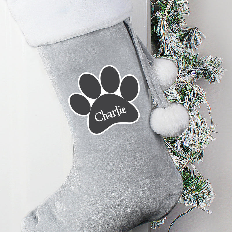 Personalised Paw Print Silver Grey Pet Christmas Stocking