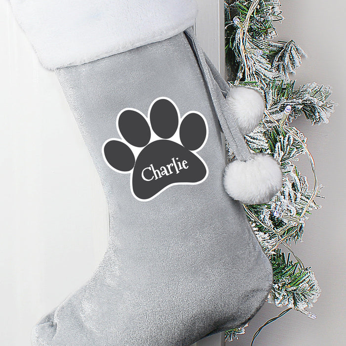 Personalised Paw Print Silver Grey Pet Christmas Stocking