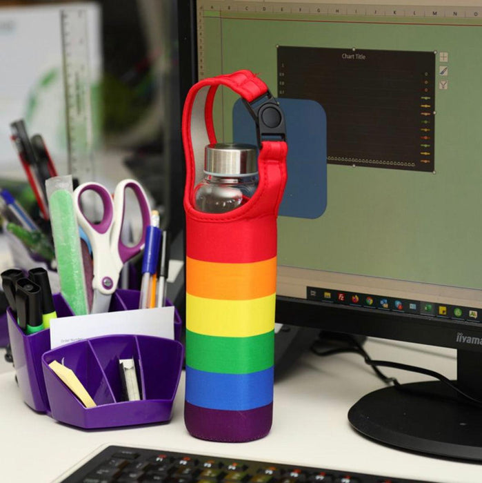 Rainbow Reusable Glass Water Bottle with Protective Neoprene Sleeve