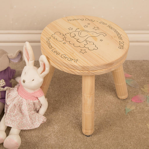 Personalised Children’s Laser Engraved Elephant in Clouds Wooden Stool