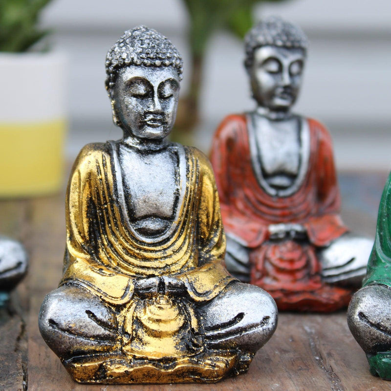 Set Of 6 Silver Mini Buddha Figures (Assorted Colours)