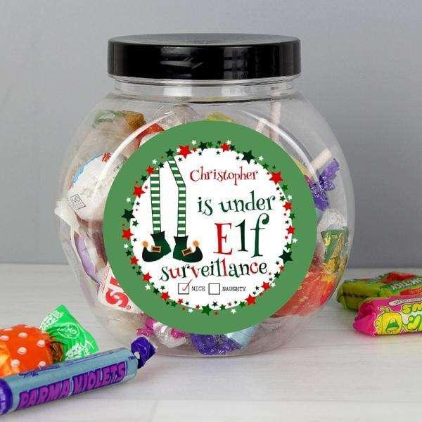 Personalised Under Elf Surveillance Christmas Sweet Jar - Myhappymoments.co.uk