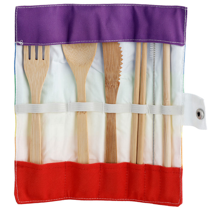 Rainbow Stripe 100% Natural Bamboo Cutlery 6 Piece Set in Canvas Holder