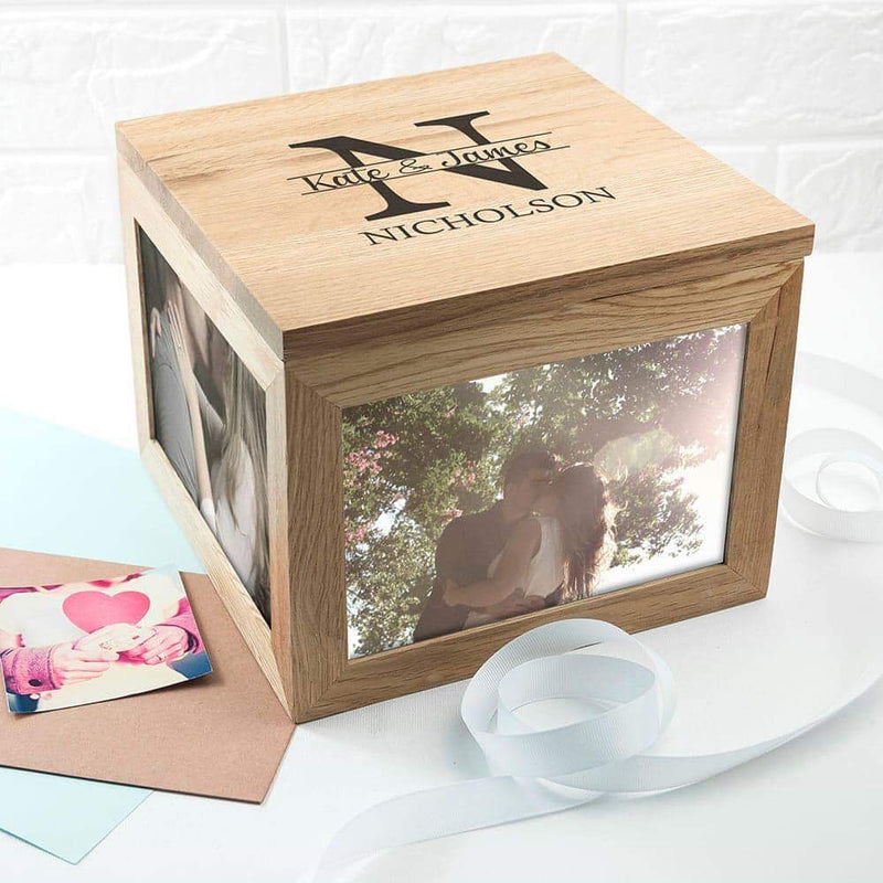 Personalised Oak Photo Keepsake Box with Couple Monogram - Myhappymoments.co.uk