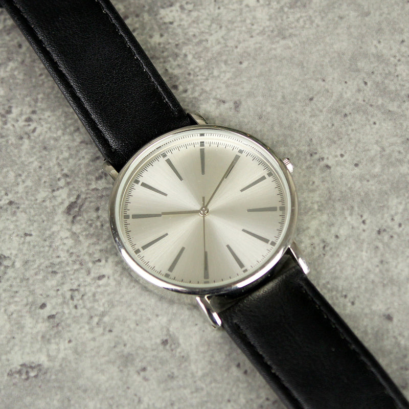 Personalised Silver with Black Leather Strap Mens Watch