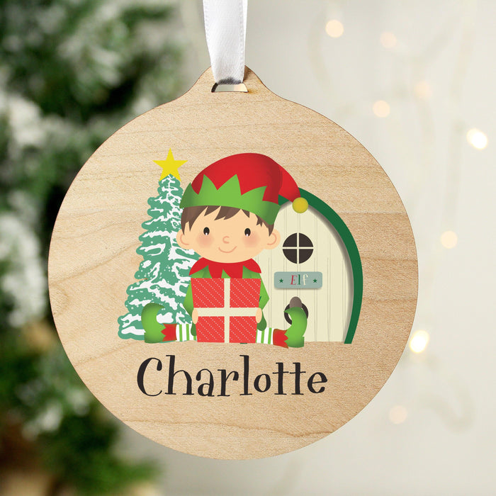 Personalised Elf Round Wooden Bauble Decoration