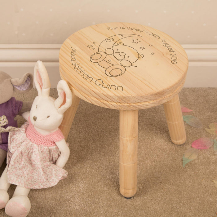 Personalised Children’s Laser Engraved Baby Bear and Moon Wooden Stool