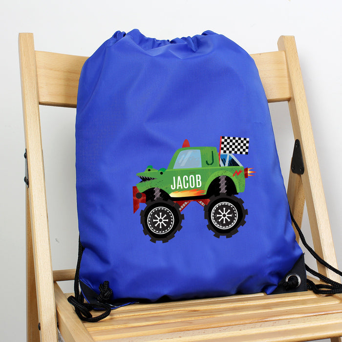 Personalised Monster Truck Blue Kit Drawstring Bag